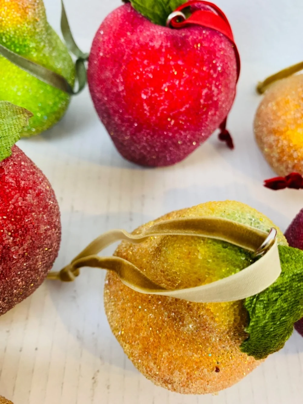 Frosted Sugared Icy Fruit Hanging Ornaments 9PC Set Apples Pears Life Size Decor